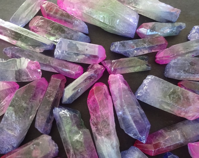 5 PACK 25-65mm Natural Quartz Crystal, Unfinished, Free Form Bullet Shaped, Gemstone Jewelry, Purple & Green, No Hole, Wire Wrapping Gems