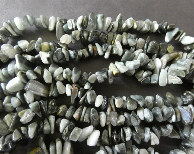 33 Inch Natural Hawk's Eye Quartz Bead Strand, Quartz Chip Gemstones, Natural Polished Drilled Chips, Pieces of Quartz, Gray, Healing Stone