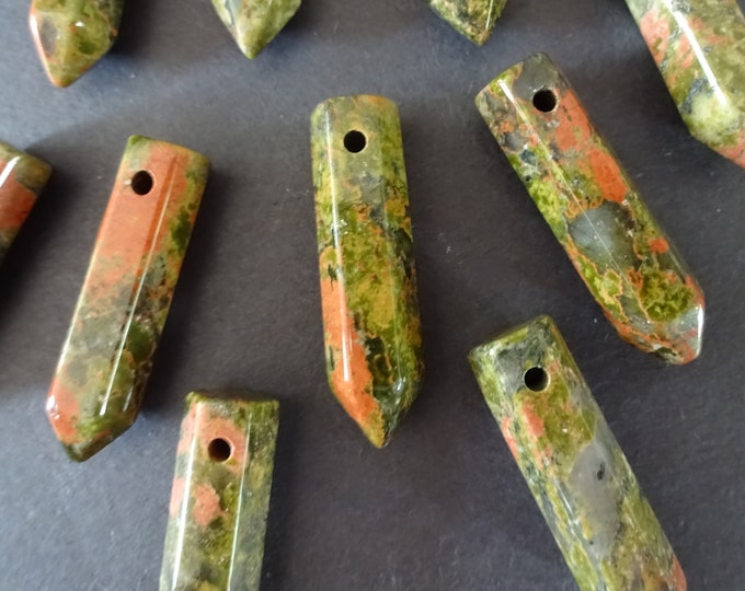 30-33mm Natural Unakite Bullet Charm, Drilled, Faceted Bullet Pendant, Pointed Gemstone Jewelry Pendant, Green & Pink Jasper Crystal