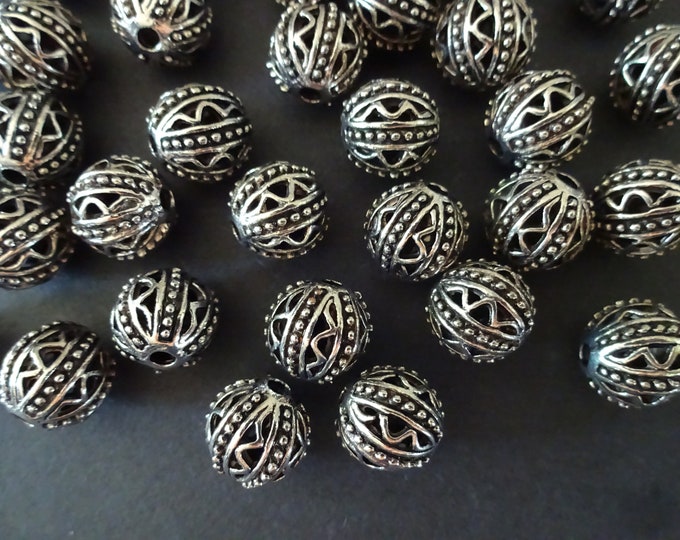10 PACK of 11mm Alloy Metal Ball Beads, Antiqued Shiny Silver, Lightweight Metal Bead, Tibetan Style Round Silver Spacer, Aztec Design