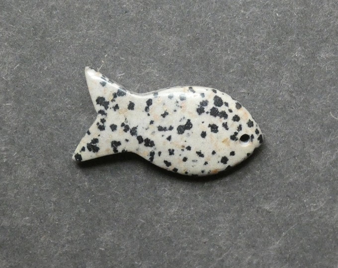 39x20mm Natural Dalmatian Jasper Pendant, Gemstone Pendant, Fish Charm, One of a Kind, Only One Available, Beige and Black, Unique Charm