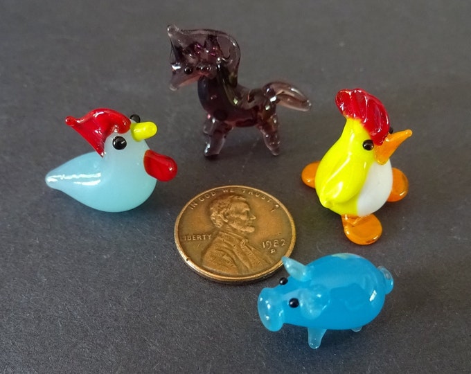 Mini Lampwork Glass Farm Animals, Small Decorative Glass Animals, Collect All 4, Cute Horse, Hen, Rooster and Pig Figurines, Horse Decor