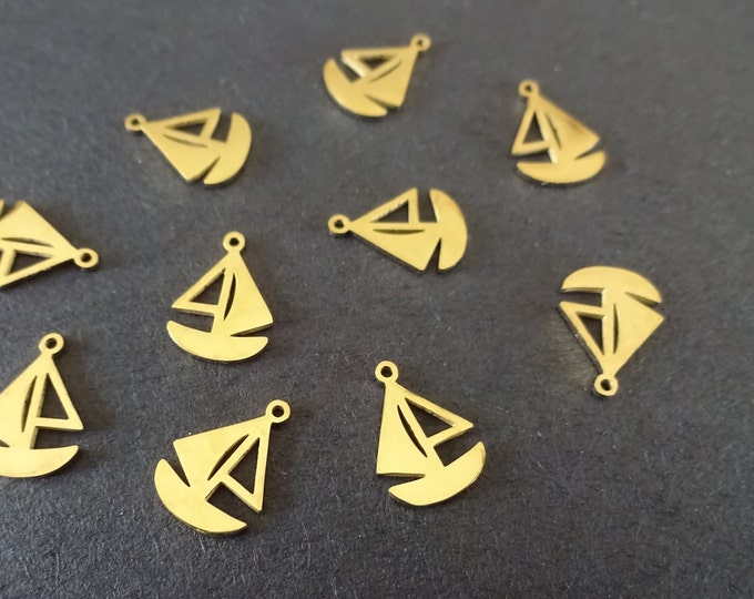 2 PACK 14K Gold Plated Stainless Steel Sailboat Charm, 10mm, Gold Boat Pendant, Nautical Jewelry Pendant, 304 Stainless Steel, Sailboat