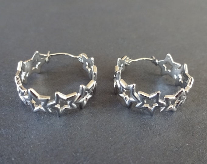 Stainless Steel Silver Star Hoop Earrings, Hypoallergenic, Silver Round Hoops, Set Of Earrings, 22x20mm, Star Outline Earrings