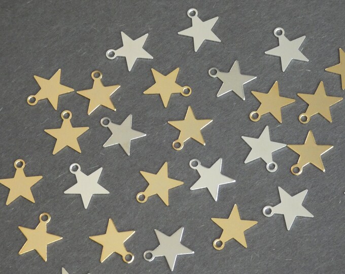 10.5mm Brass Metal Star Charms, Silver & Gold, 3 Color Star Pendants, Lightweight, 1.4mm Hole, Cute Shiny Stars, Lunar Astrology Theme