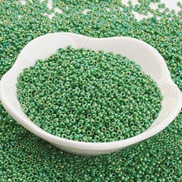 11/0 Toho Seed Beads, Opaque AB Mint Green (407), 10 grams, About 900 Round Seed Beads, 2x1.5mm with .5mm Hole, AB Finish