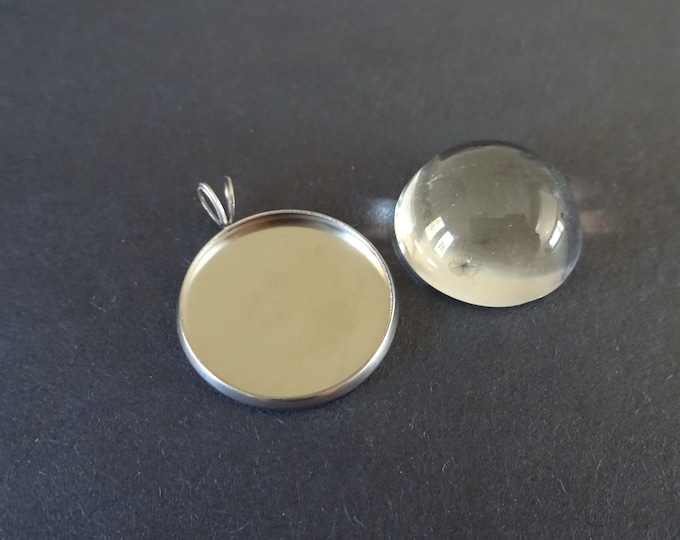 Pack of 20mm Round Stainless Steel Pendant Setting with Half Round Glass Cabochon, 27x22x2mm Overall Size, Round Setting, Silver Colored