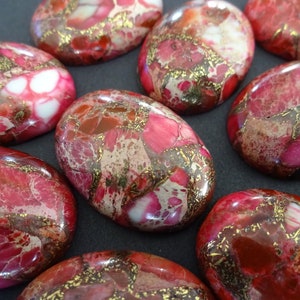 30x22mm Brass Line Imperialite Cabochon, Oval Cabochon, Polished Stone, Pink Stone Cabochon, Natural Gemstone Mineral, Pink and Gold, Red image 1