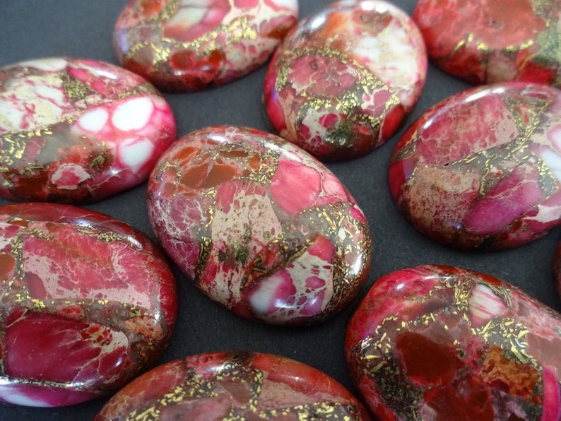 30x22mm Brass Line Imperialite Cabochon, Oval Cabochon, Polished Stone, Pink Stone Cabochon, Natural Gemstone Mineral, Pink and Gold, Red image 1