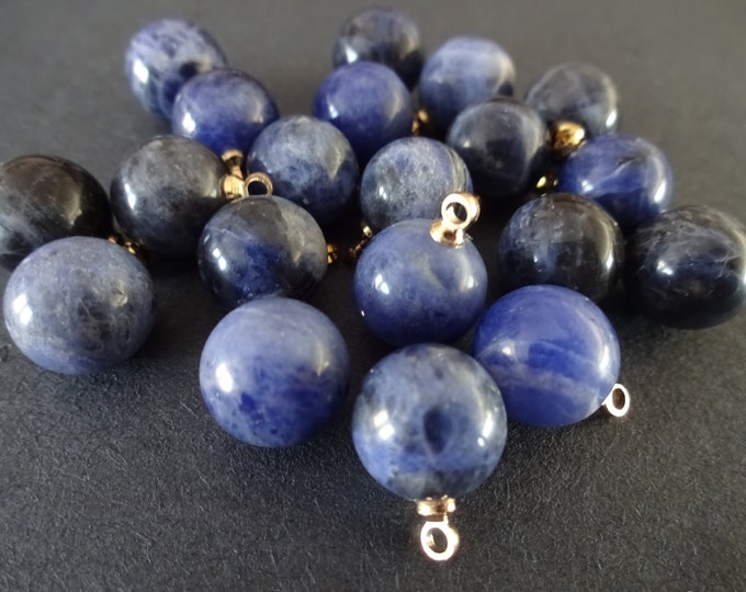 14x10.5mm Natural Sodalite Ball Charm With Brass Loop, Polished Gem, Gemstone Pendant, White, Blue & Gold Color Loop, Ball Bead Charm