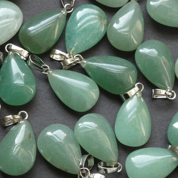 23mm Natural Green Aventurine Pendant With Brass Loop, Stone Teardrop Charm, Polished, Gemstone Pendant,  Green & Silver, Aventurine Drop