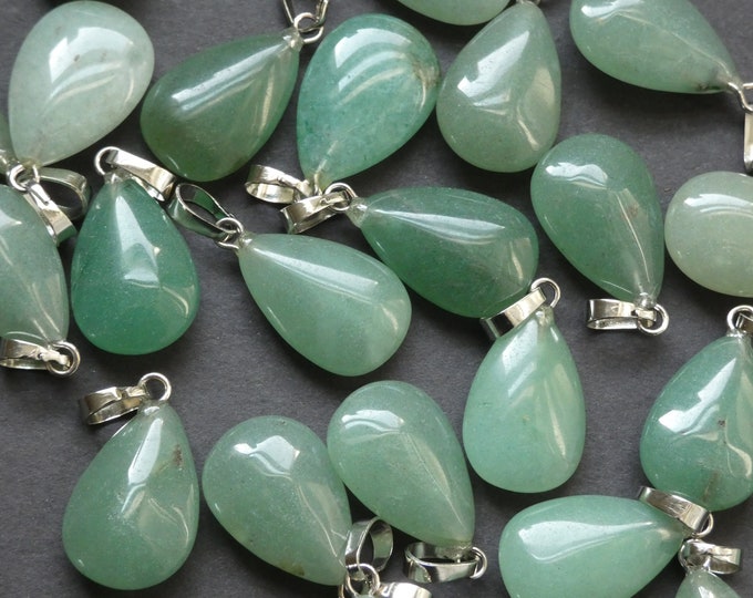 23mm Natural Green Aventurine Pendant With Brass Loop, Stone Teardrop Charm, Polished, Gemstone Pendant,  Green & Silver, Aventurine Drop