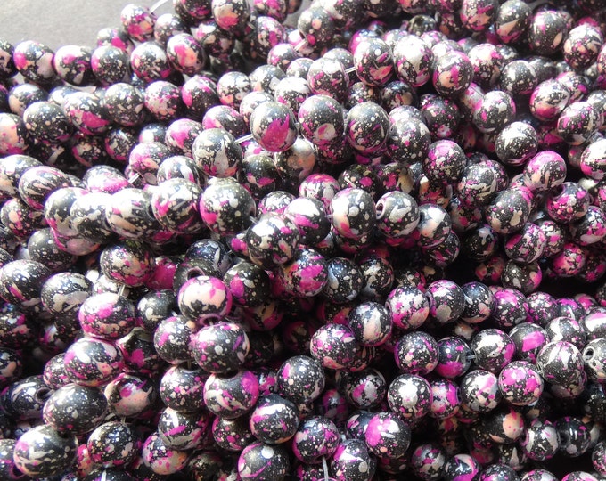 31 Inch Baked Glass Bead Strand, 8mm Ball Beads, Dyed, About 100 Beads Per Strand, Black & Purple, 1mm Hole, Painted, Silver Metallic Spots