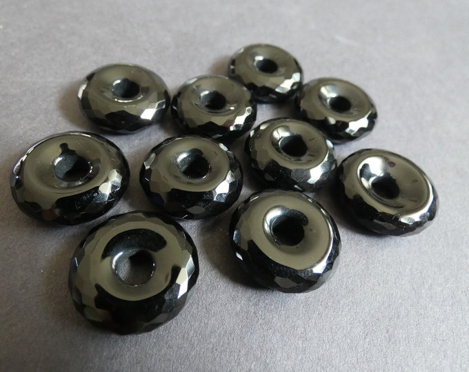 19mm Natural Black Agate Faceted Donuts, Polished Natural Gemstone Component, Round Agate Stone, Wire Wrapping Stone, Solid Black, 5mm Hole