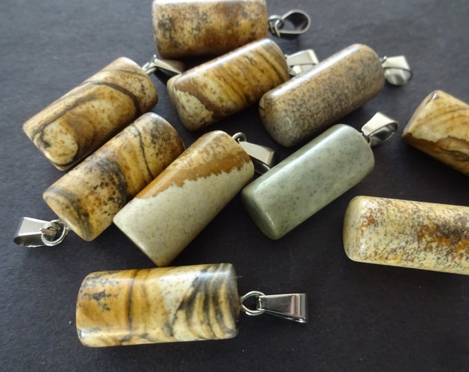 25x10mm Natural Picture Jasper Column With Stainless Steel Bail, Column Pendant, Polished Gemstone Jewelry, Brown & Beige, Stone Charm