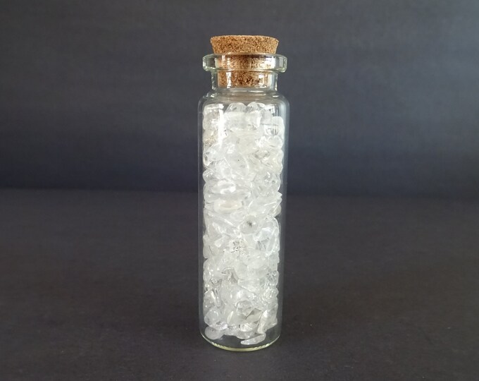 Glass Crystal Chip Jar with Clear Quartz, Clear Gems, 22x71mm Glass Jar, Decoration or Pendant Piece, Cork Stopper, Wishing Bottle