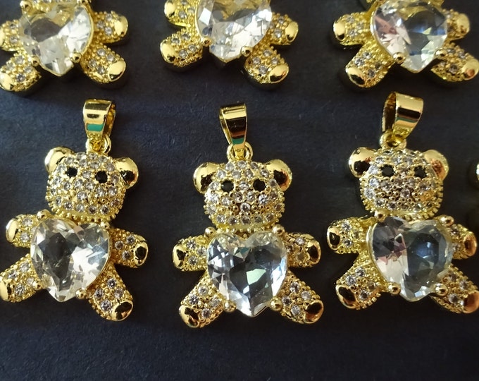 19.5mm Gold Plated Brass Bear Pendant with Cubic Zirconia, 18k Gold Plated, Clear Cubic Zirconia, Bear Pendant, Bear Charm, Bear Pendant