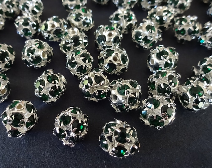 8mm Silver & Green Rhinestone Brass Beads, Round Ball Bead, Dark Green Faceted Rhinestone Bead, 1.5mm Hole, Rhinestone Spacer, 12 Facets