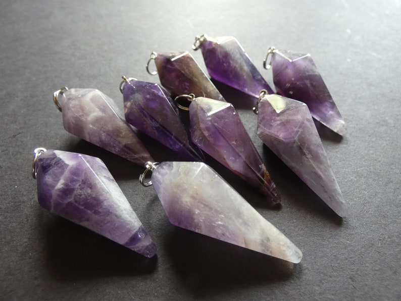 Cone Pendulum 38.5mm Natural Amethyst Pendant With Brass Loop Designer Stone Pointed Bullet Pendant Large Purple and Silver Charm