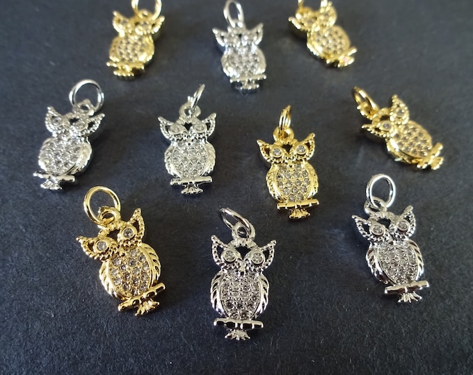 5 PACK OF 14.5x8mm Brass & Cubic Zirconia Micro Pave Owl Charms, With Loops, Owl Bird Pendants, Silver and Gold, Clear Cubic Zirconia