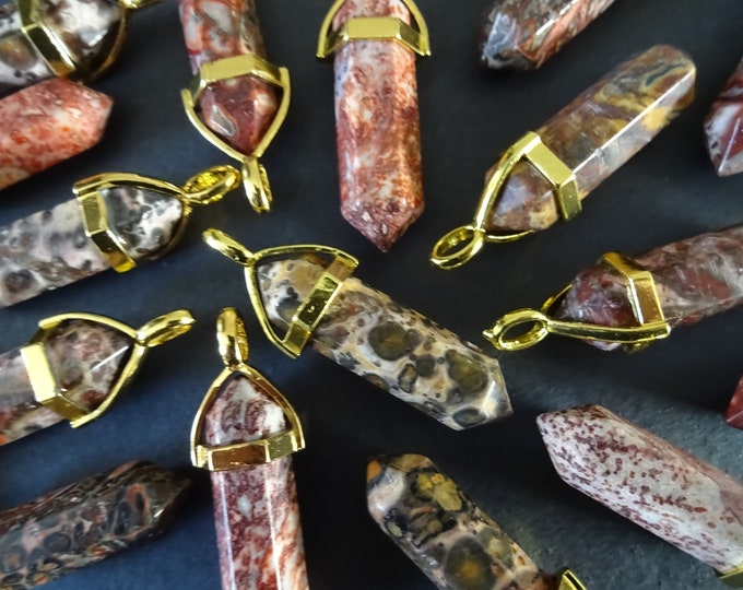 38-40mm Natural Leopard Skin Jasper Pendant With Brass, Faceted, Bullet Shaped, Polished Gem, Gemstone Jewelry Pendant, Mixed and Gold Metal