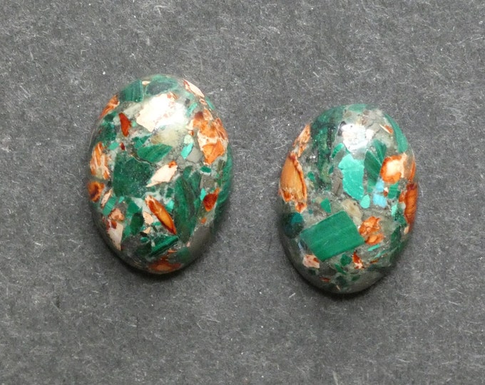 2 Pack 25x18mm Assembled Synthetic Malachite and Imperial Jasper Cabochons, Green & Orange, Dyed, Oval, One of a Kind, Unique Cabochon Set