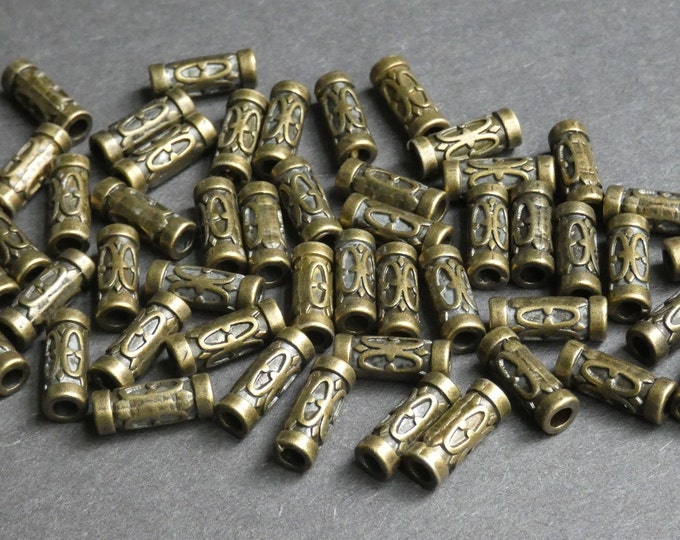50 PACK 13mm Etched Metal Tube Beads, Etched Design, Antiqued Bronze