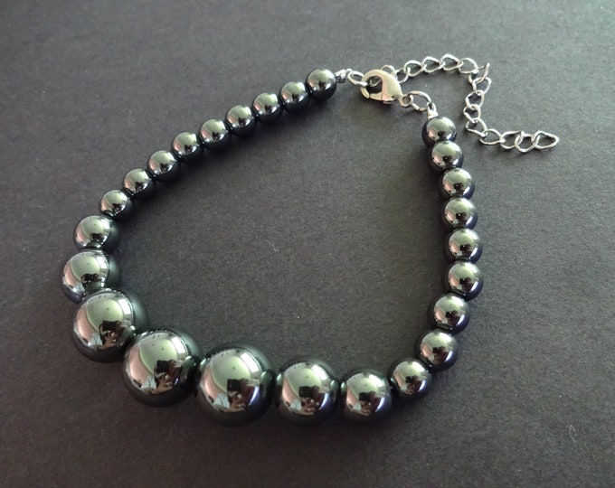 Hematite Bracelet, Synthetic Ball Beads, Non Magnetic. 6-12mm Ball Beads, Handmade, Nylon Cord, Metallic, With Extender Chain, Unisex