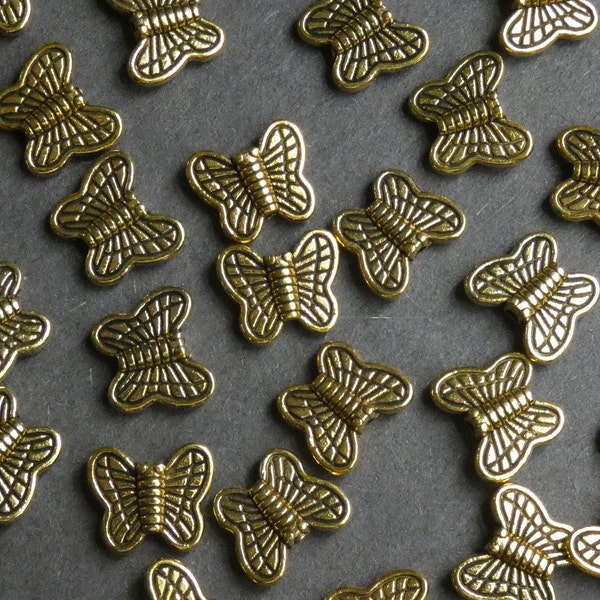 100 PACK of 10x8mm Metal Butterfly Bead, Zinc Alloy Bead, Antique Gold Color, Animal Bead, Metal Insect, Insect Charm Bead, Bug Bead