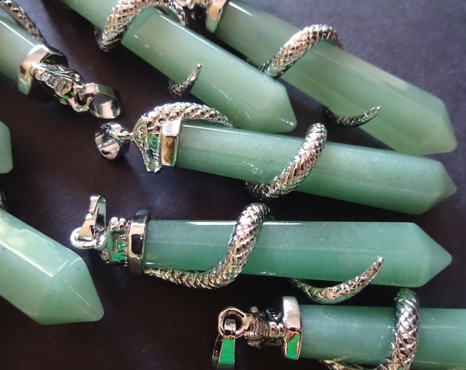 60mm Natural Green Aventurine Snake Pendant, Brass Finding, Faceted Bullet, Polished, Gemstone Pendant, Crystal Charm, Aventurine Snake