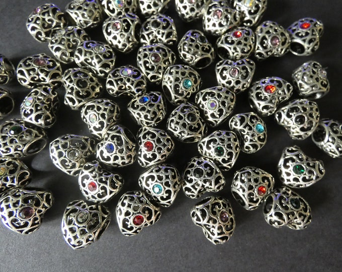 100 Pack 12.5mm Rhinestone and Alloy Metal Heart Bead, Mixed Color Rhinestones, Silver Color Heart, Metal Heart Charm, Antiqued, 5mm Hole