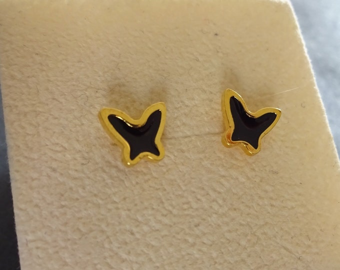 Stainless Steel & Enamel Butterfly Stud Earrings, Gold and Black, Hypoallergenic, 7x8mm, Set Of Earrings, Butterfly Earrings, Black Studs