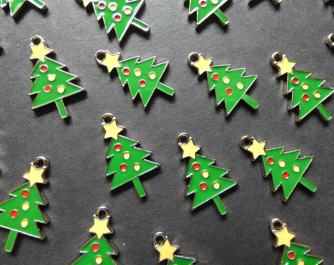 25mm Christmas Tree Enamel & Alloy Metal Charm, Classic Xmas Pendant, Christmas Charm, Metal Focal, Metal Charm, Xmas Tree, Gold Color