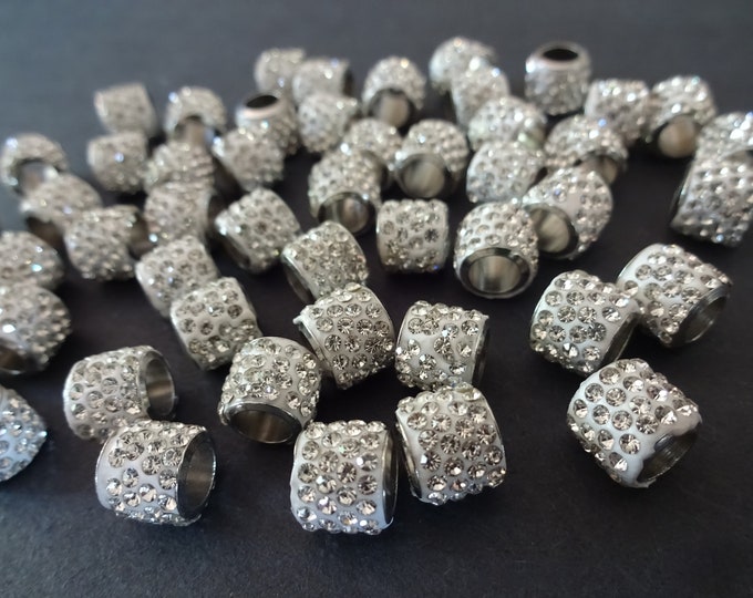 8.5x7.5mm Brass Metal Rondelle Rhinestone Beads, Silver Color, Clear Glass Rhinestones, European Rhinestone Silver Beads, Large Hole Bead