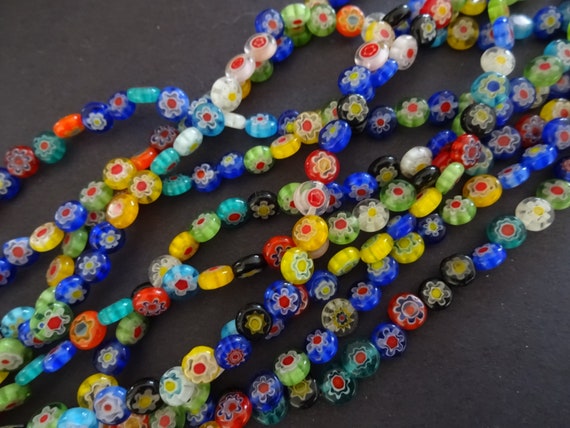 14.5 Inch Strand of 6mm Glass Millefiori Beads, Flat Round, About