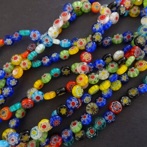 14.5 Inch Strand Of 6mm Glass Millefiori Beads, Flat Round, About 65 Glass Beads, Multicolor Bead, Flower Bead, Floral, Small Ball Bead