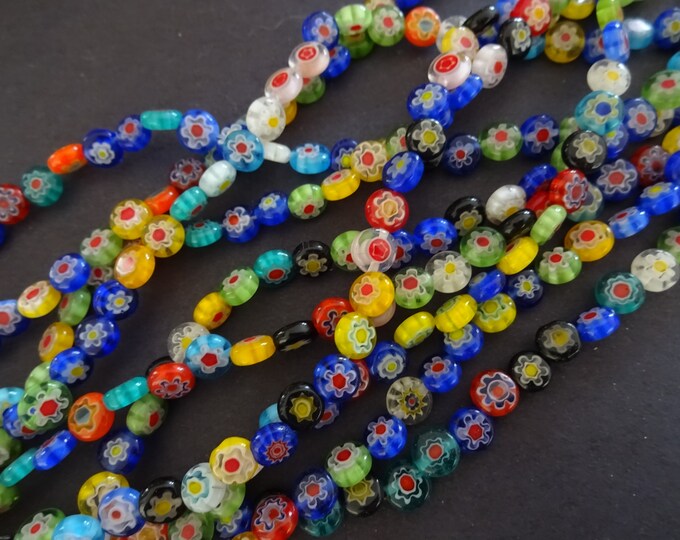 14.5 Inch Strand Of 6mm Glass Millefiori Beads, Flat Round, About 65 Glass Beads, Multicolor Bead, Flower Bead, Floral, Small Ball Bead