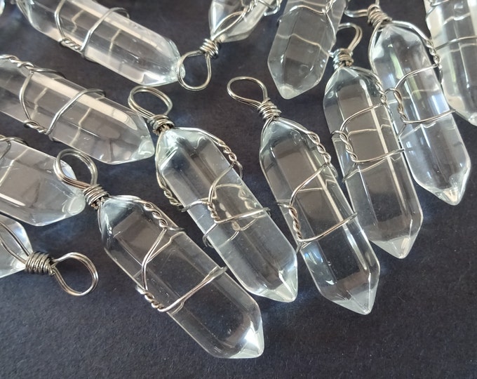 41-43mm Clear Glass Pendant With Iron Metal Wrapping, Faceted, Bullet Shaped, Glass Charm, Necklace Pendant, Clear and Silver Metal