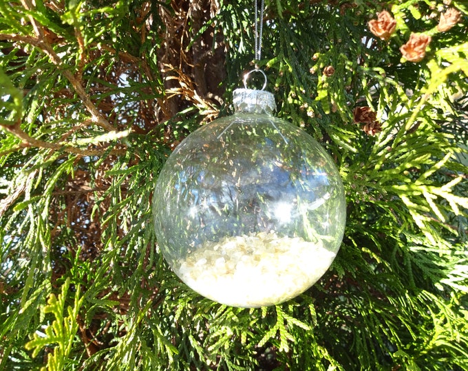 Handmade Glass & Natural Citrine Gemstone Christmas Ornament, Clear Glass Globe, Stretchy Nylon Cord, Yellow Crystal Chips Inside! Xmas Gift