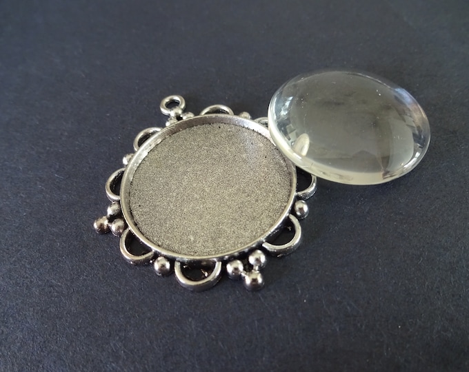 30mm Round Alloy Pendant Setting with Half Round Glass Cabochon, 48x43mm Overall Size, Round Setting, Silver Colored Metal Setting, Glass