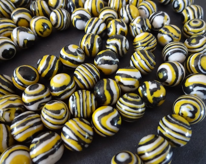 15 Inch Strand Of 10mm Synthetic Malachite Ball Beads, Dyed, About 38 Beads, Round Bead, Yellow and Black Striped Bead, 10mm Stone Beads