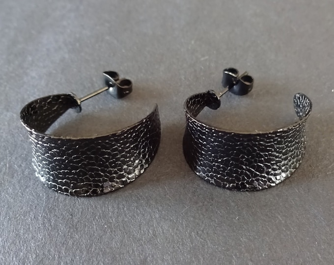 Stainless Steel Black Textured Half Hoop Earrings, Hypoallergenic, Ion Plated, Round Hoops, Set Of Black Earrings, 21x12mm, C Shape Hoops