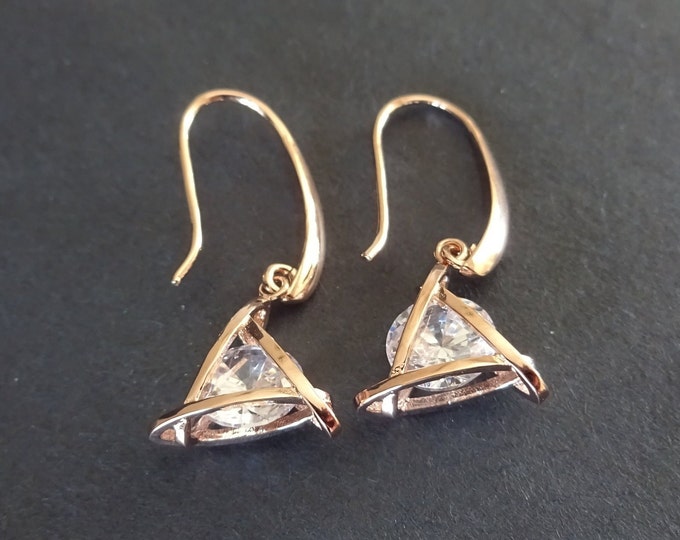 Sterling Silver & Cubic Zirconia Dangle Earrings, Hypoallergenic, Rose Gold and Clear, 31.5mm, Set Of Earrings, Triangle Crystal Earring