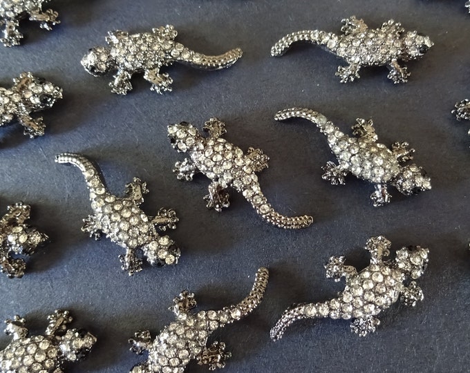 28x13mm Alloy Metal & Rhinestone Gecko Beads, Clear Rhinestones, Gunmetal Lizards, Gecko Jewelry, Sparkly Bead,  2mm Hole