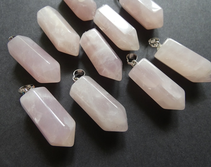 33-36mm Natural Rose Quartz Pendant, Brass Finding, Bullet Charm, Polished, Gemstone Jewelry Pendant, Pink & Silver Color, Light Pink Quartz