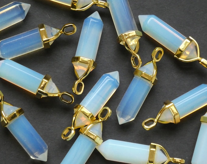 37-40mm Opalite Pendant with Alloy Metal Loop, Bullet Shaped, Polished Gem, Gemstone Jewelry Pendant, Translucent Clear and Golden Color