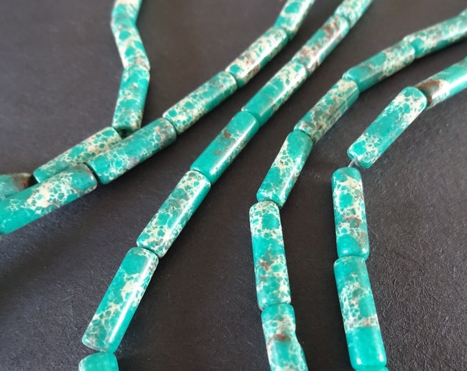 13-14mm Green Regalite Column Beads, Dyed & Heated, 16 Inch Strand, About 30 Green Gemstone Beads, Marbled, Swirled, Stone Column