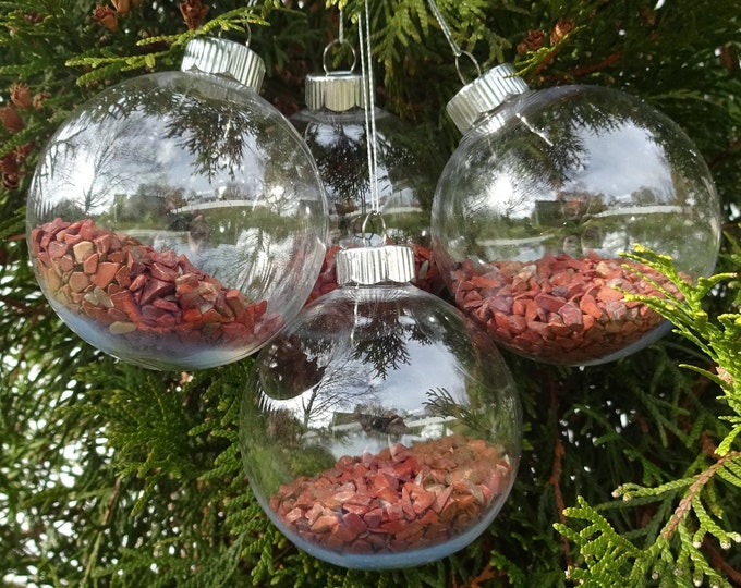 SET OF 4 Handmade Natural Red Jasper Gemstone Christmas Ornaments, Plastic Globe, Stretchy Nylon Cord, Red Crystal Chips Inside!