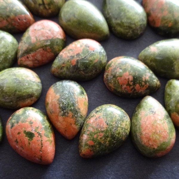 13-14mm Natural Unakite Teardrop Cabochon, Tear Drop Cabochon, Unakite Jasper, Natural Gemstone, Green and Pink Stone, Polished Gem