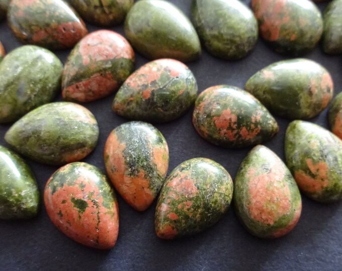 13-14mm Natural Unakite Teardrop Cabochon, Tear Drop Cabochon, Unakite Jasper, Natural Gemstone, Green and Pink Stone, Polished Gem